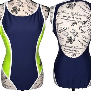 Vintage Jantzen One Piece Racerback Swim Suit Navy Blue Lime Green Retro Size 12